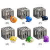 A set of seven plastic ocean rescue toys including a gray cage, an orange fish, a blue shark, a dark blue seal, a yellow sea 