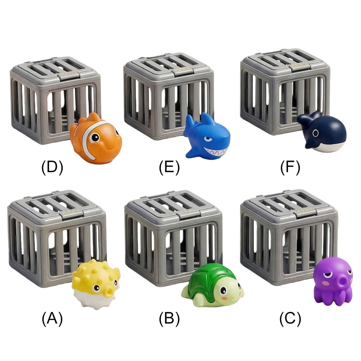 A set of seven plastic ocean rescue toys including a gray cage, an orange fish, a blue shark, a dark blue seal, a yellow sea 