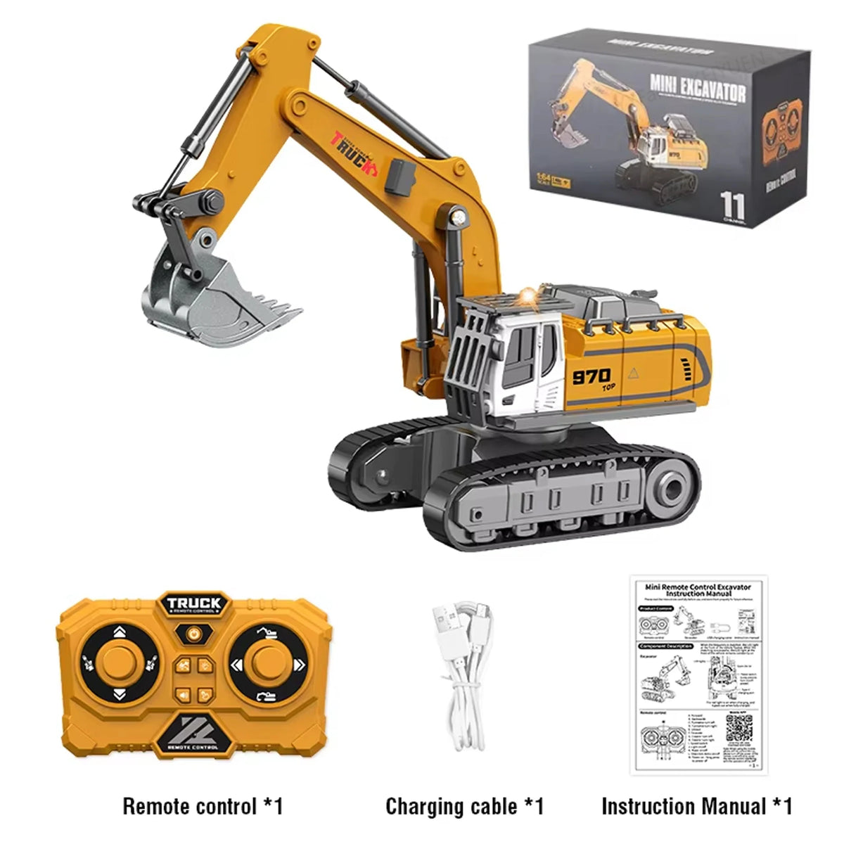 A yellow mini remote control excavator with a hydraulic arm, charging cable, and instruction manual.