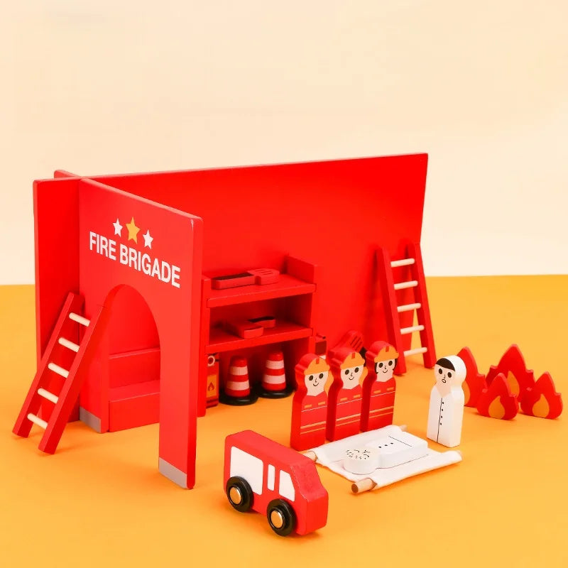 A red wooden fire brigade play set featuring an archway, ladder, and accessories on an orange surface.