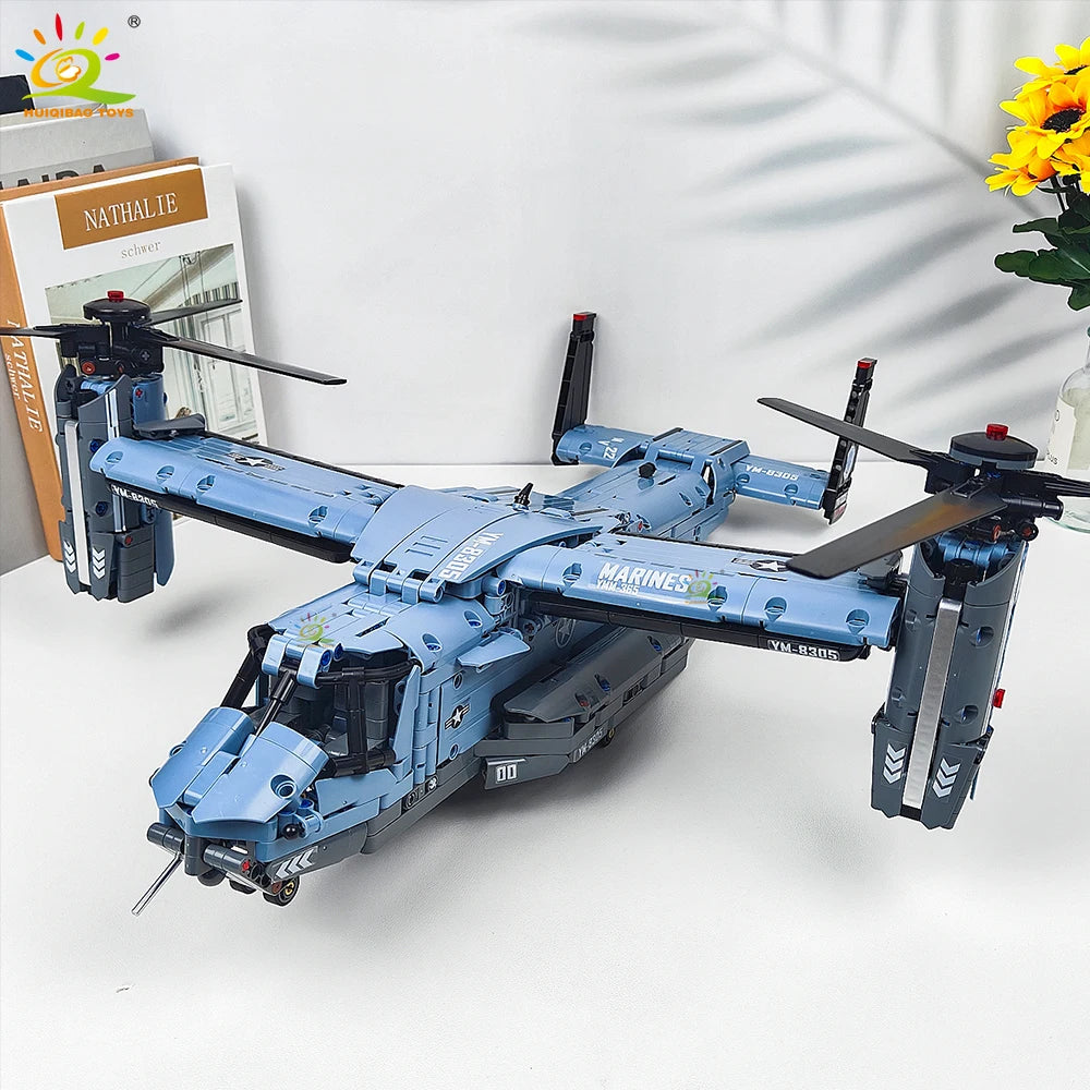 Blue V-22 Osprey military aircraft building block set with propellers and landing gear