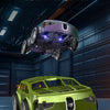 A green RC car is shown transforming into a purple drone, demonstrating dual mode switching.