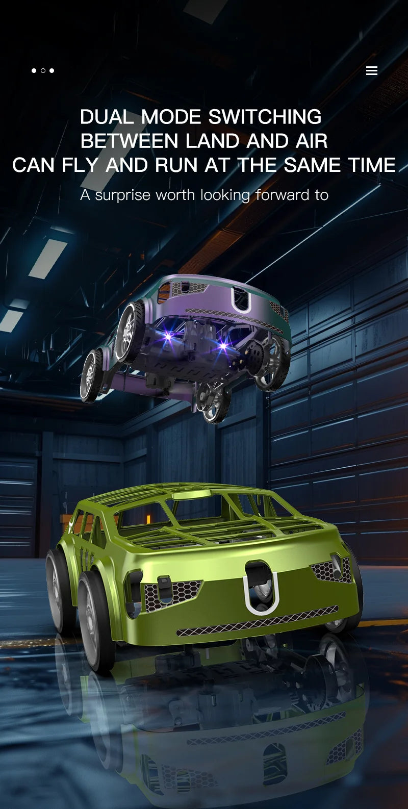 A green RC car is shown transforming into a purple drone, demonstrating dual mode switching.