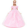 A pink elegant evening gown for a doll featuring a full skirt and delicate embellishments.