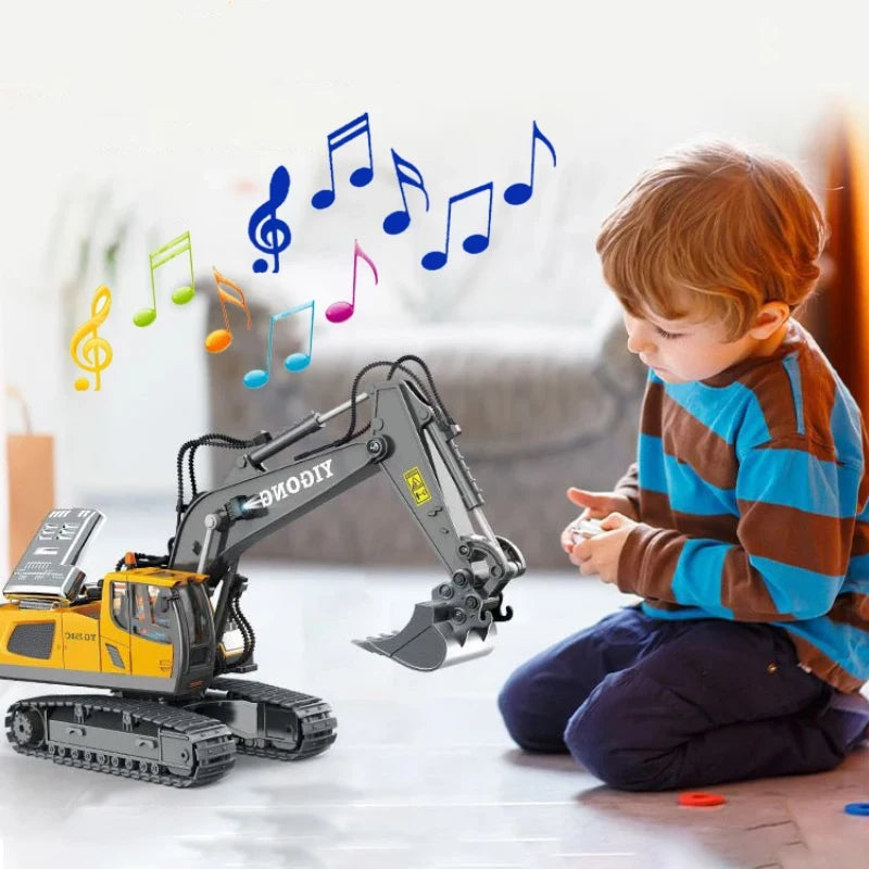 A young child is playing with a yellow remote control excavator toy while musical notes float in the air.