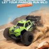 A lime green off-road RC car is driving through a dusty trail, kicking up dirt and sand.