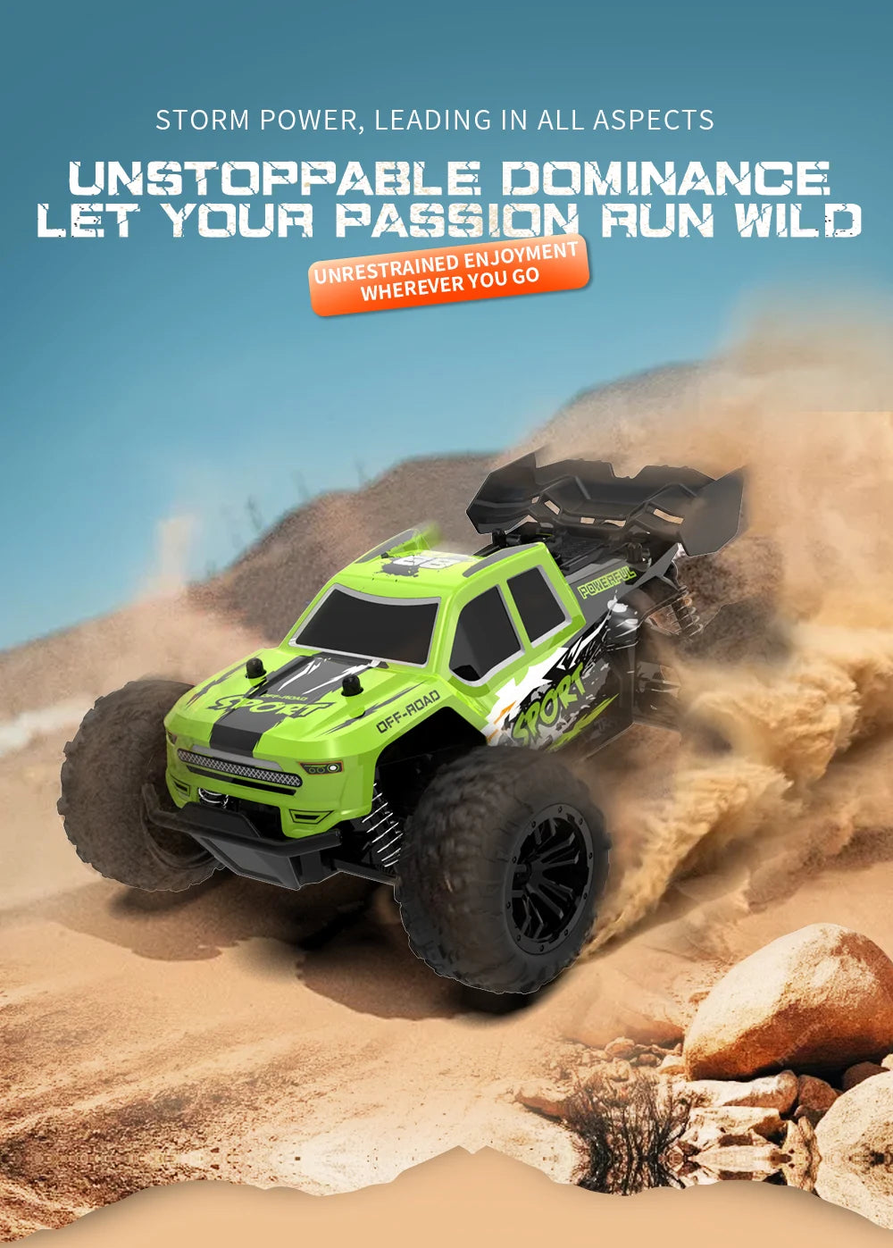 A lime green off-road RC car is driving through a dusty trail, kicking up dirt and sand.