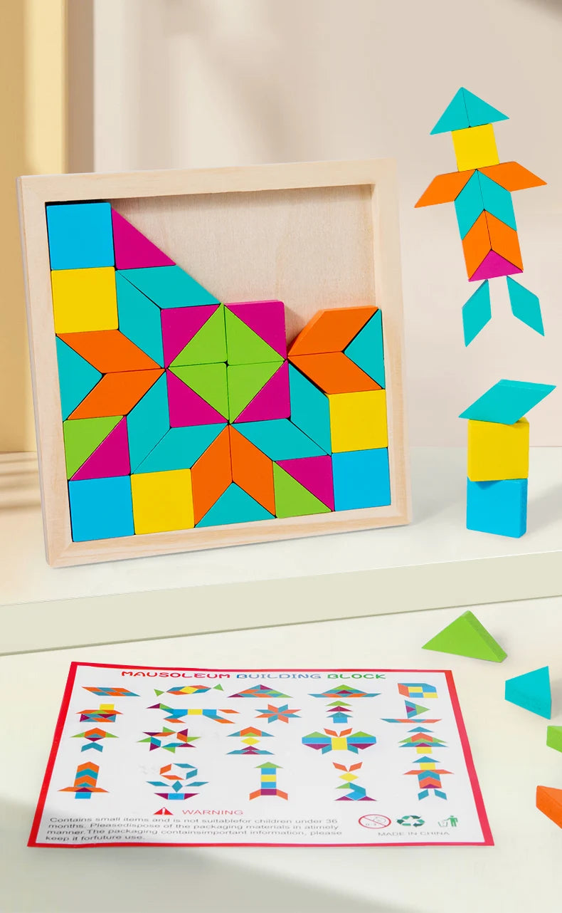 A wooden geometric shape puzzle block featuring colorful triangles and squares arranged in a frame.
