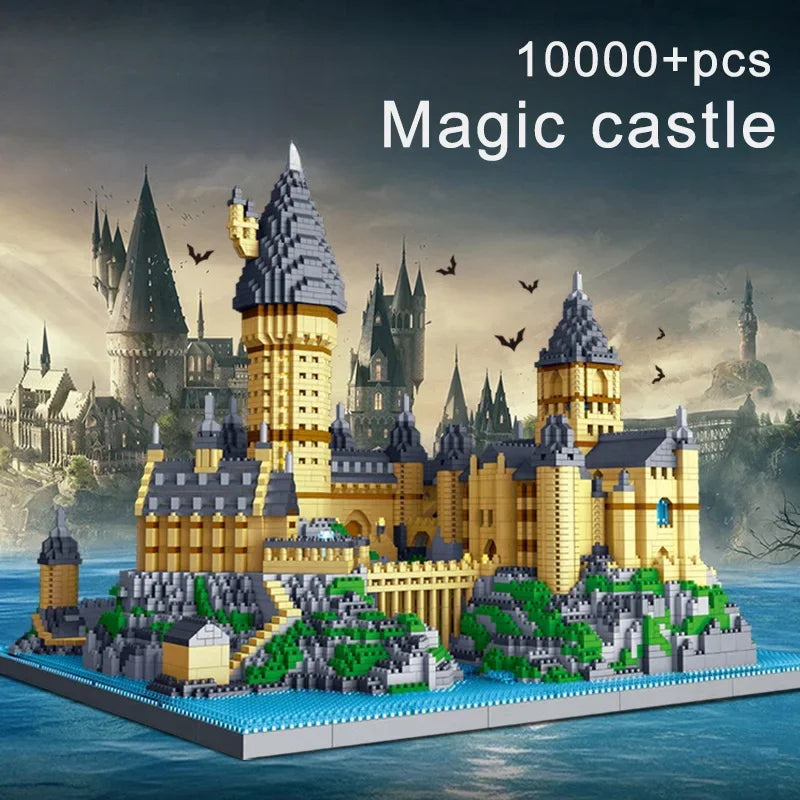 A large yellow magic castle built from LEGO bricks on a blue water base.