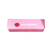 A pink rectangular strawberry shaped squishy toy with the word STRAWBERRY printed on it.