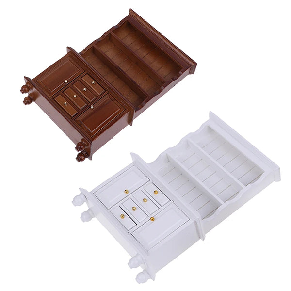 A pair of 1/12 scale wooden furniture cabinets, one brown and one white, for a dollhouse.