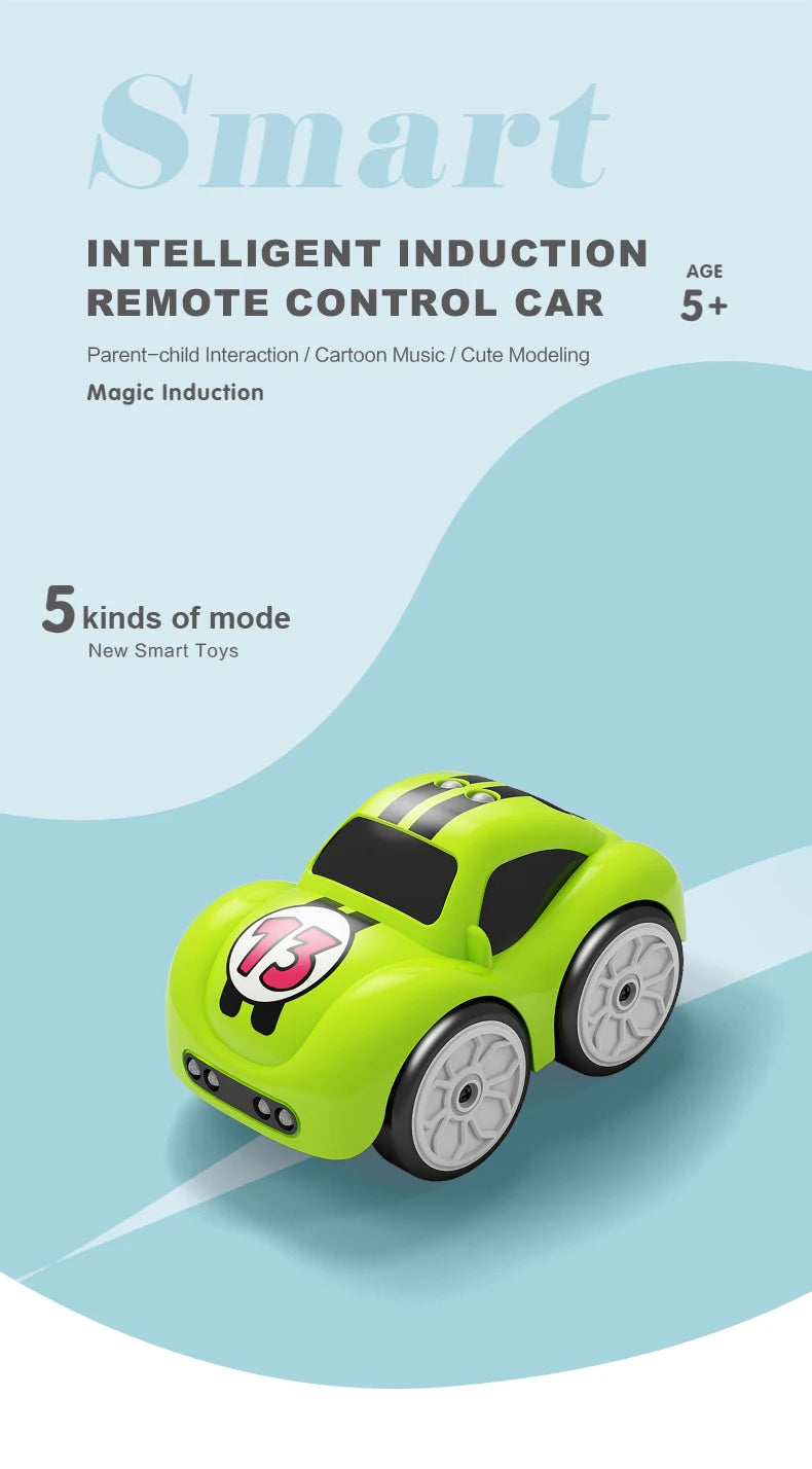 A bright lime green remote control car with a number 13 decal is shown on a light blue background.