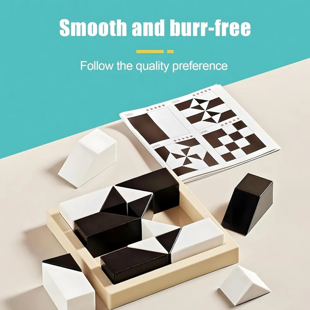 A set of black and white 3D block puzzle cubes arranged in a light wooden storage case with a printed challenge card.