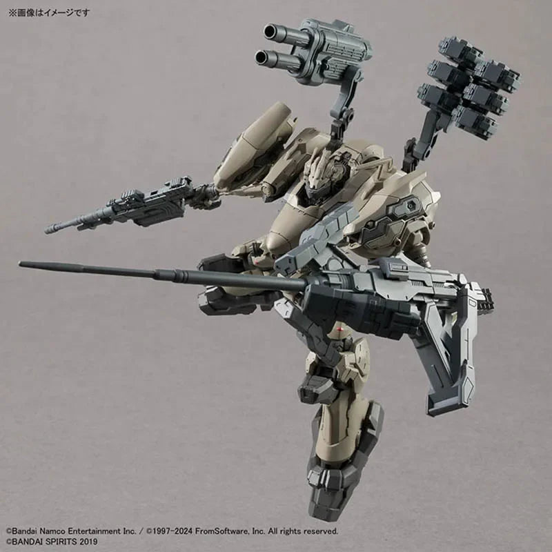 A detailed plastic model kit of the Bandai 30MM Armored Core VI: VP-40S Steel Haze Nightfall Mecha, painted in beige and gray