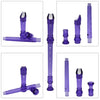A purple 8-hole soprano recorder with a cleaning rod shown in various components and assembled form.
