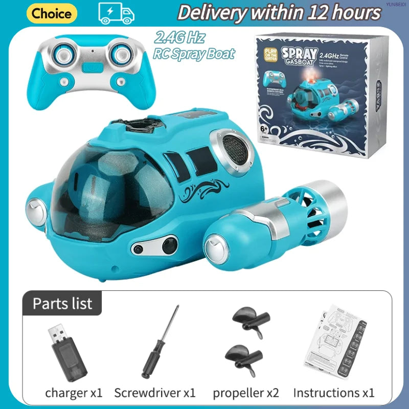 Bateau à pulvérisateur électrique bleu et ses pièces : chargeur, tournevis, hélice et instructions