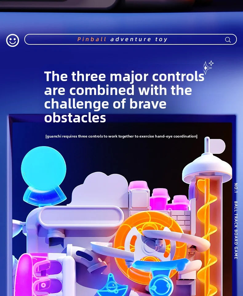 A colorful multi-layer rolling ball track adventure toy featuring three controls and obstacles for hand-eye coordination.