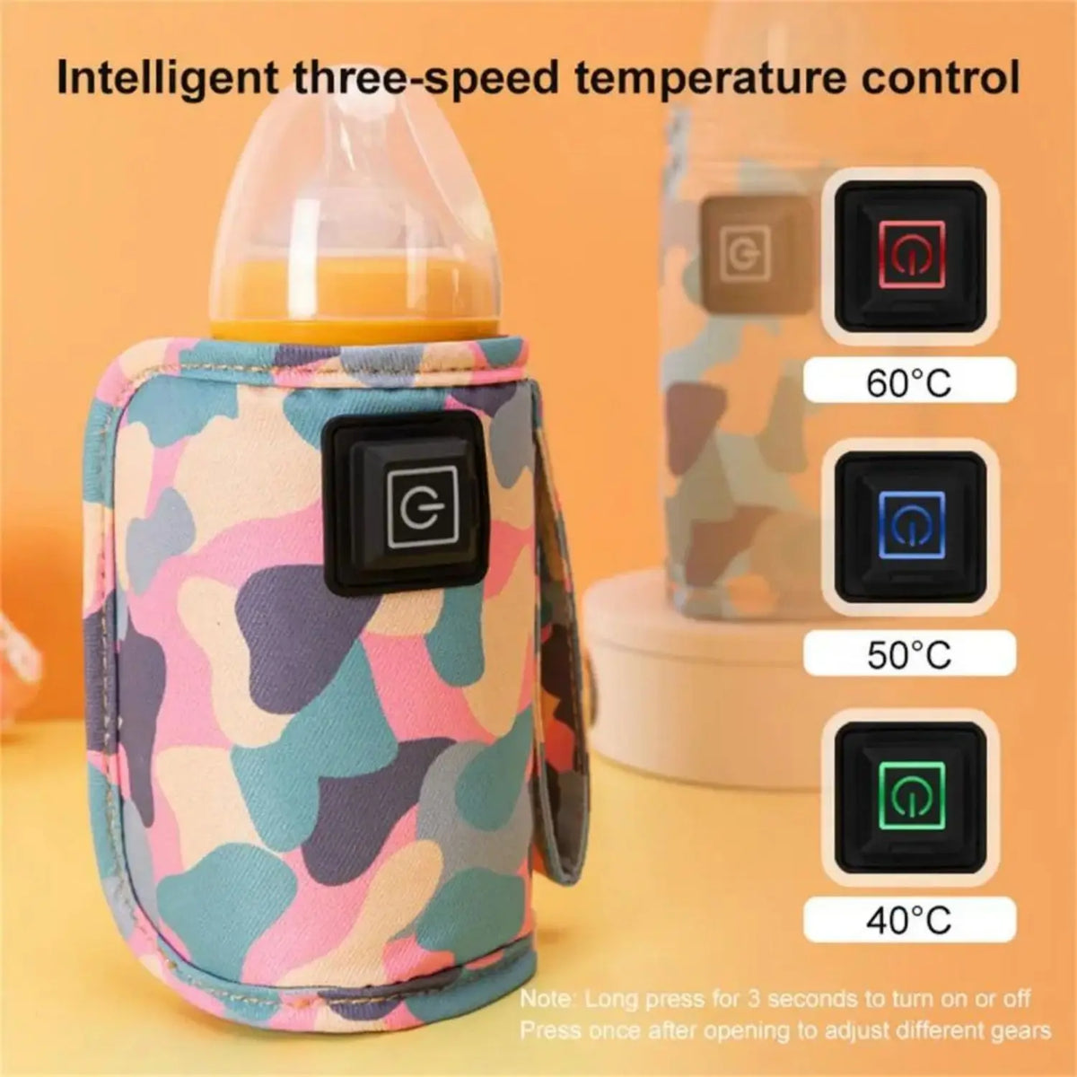 A portable baby bottle warmer featuring three temperature settings, including 40°C, 50°C, and 60°C.