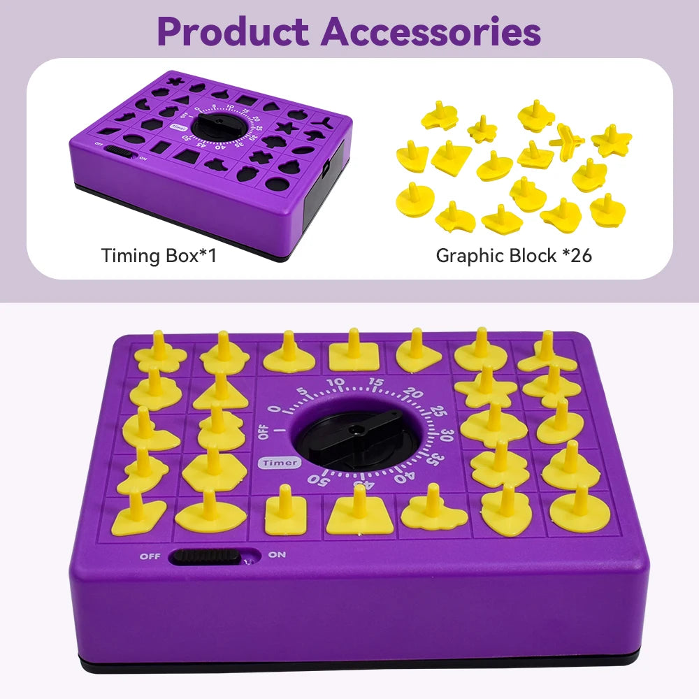 A purple timing box with a timer and 26 yellow graphic blocks for a shape matching puzzle game