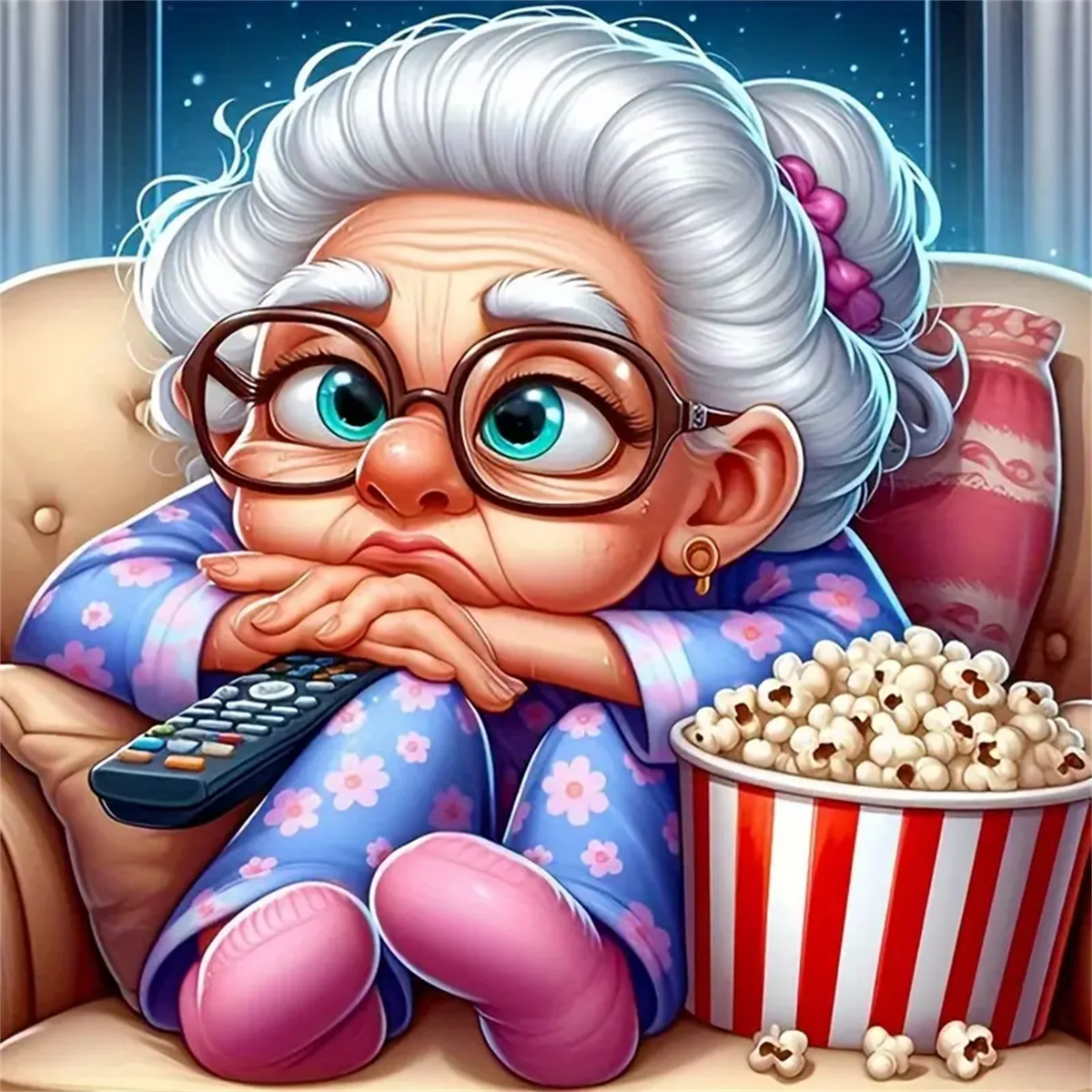 A cartoon illustration of an elderly woman with white hair and glasses sitting, holding a drill and looking intently.