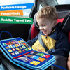 A toddler is playing with a blue Montessori busy board featuring various learning activities and tools in a car seat.
