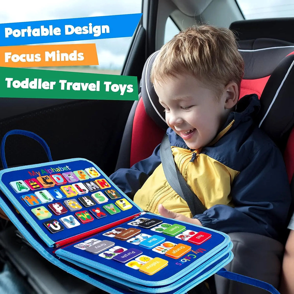 A toddler is playing with a blue Montessori busy board featuring various learning activities and tools in a car seat.