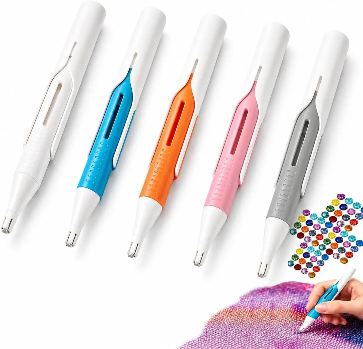 A set of six colored diamond painting pens with automatic bead dispensers displayed against a white background.