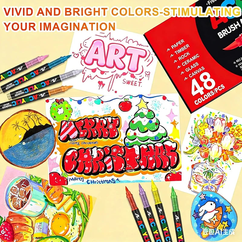 A set of acrylic paint pens with flexible brush tips for various art mediums like rock, stone, and ceramic.