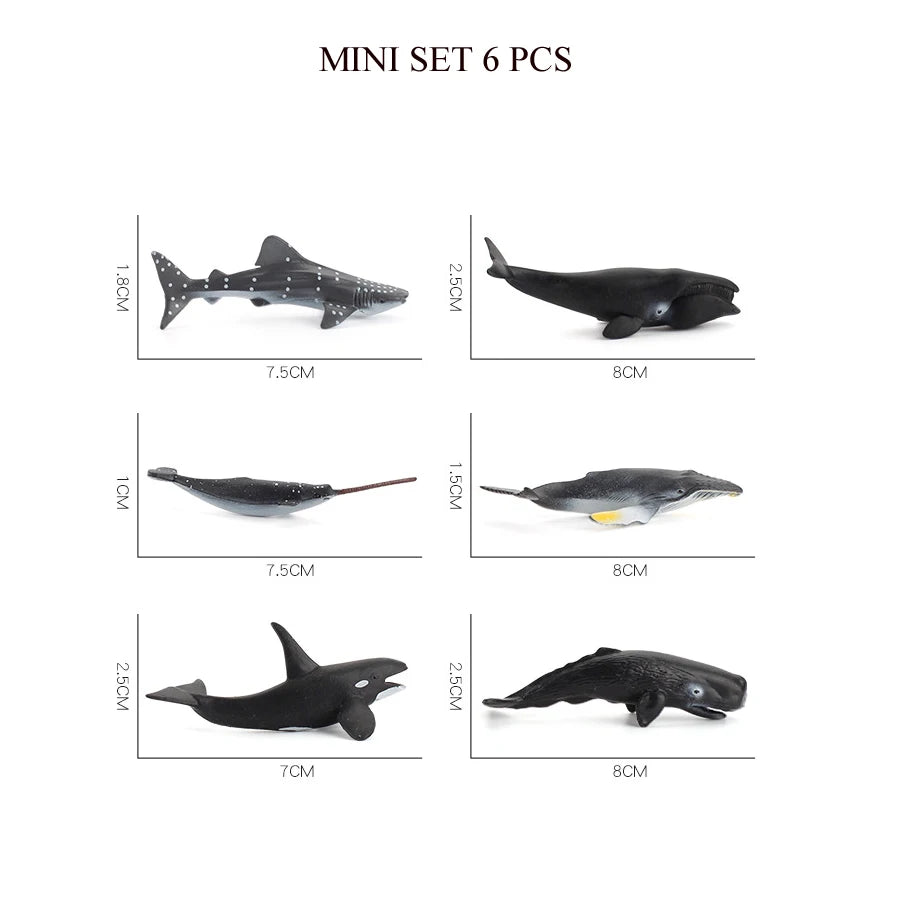 A set of six realistic mini ocean animal figurines including a shark, whale, dolphin, turtle, and penguin.