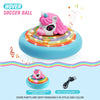 A pink unicorn soccer ball hovering on a blue base with colorful lights and music notes.