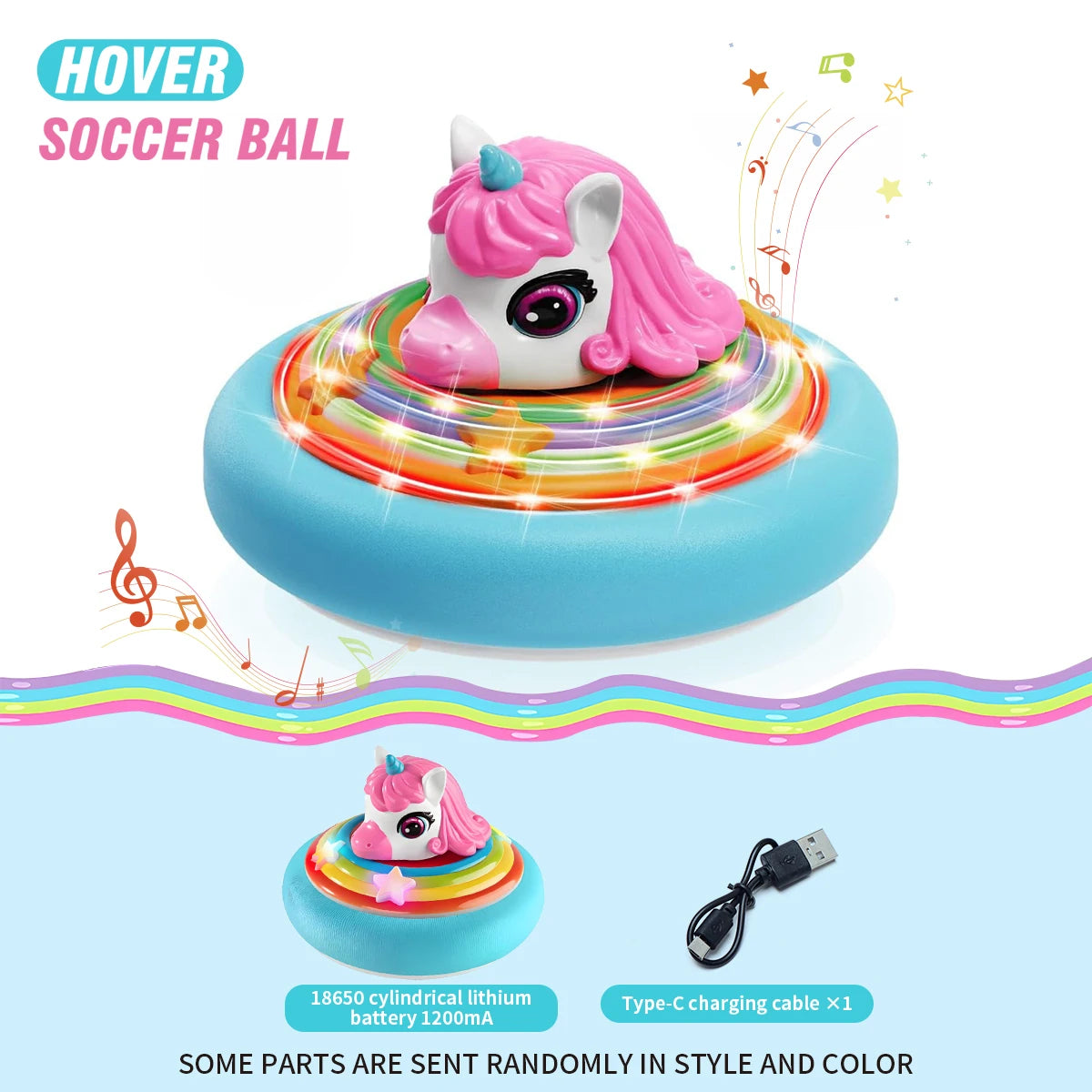 A pink unicorn soccer ball hovering on a blue base with colorful lights and music notes.