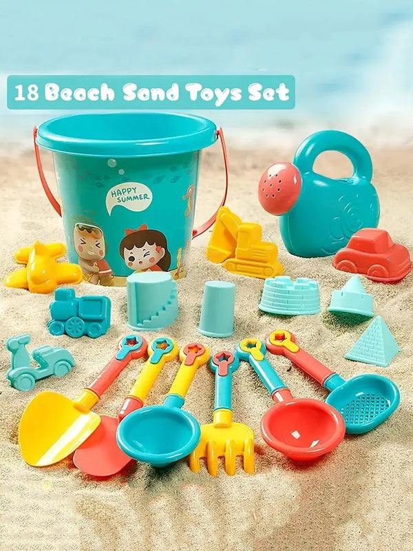 A set of 18 plastic beach sand toys including a bucket, shovels, and various molds for sand play.