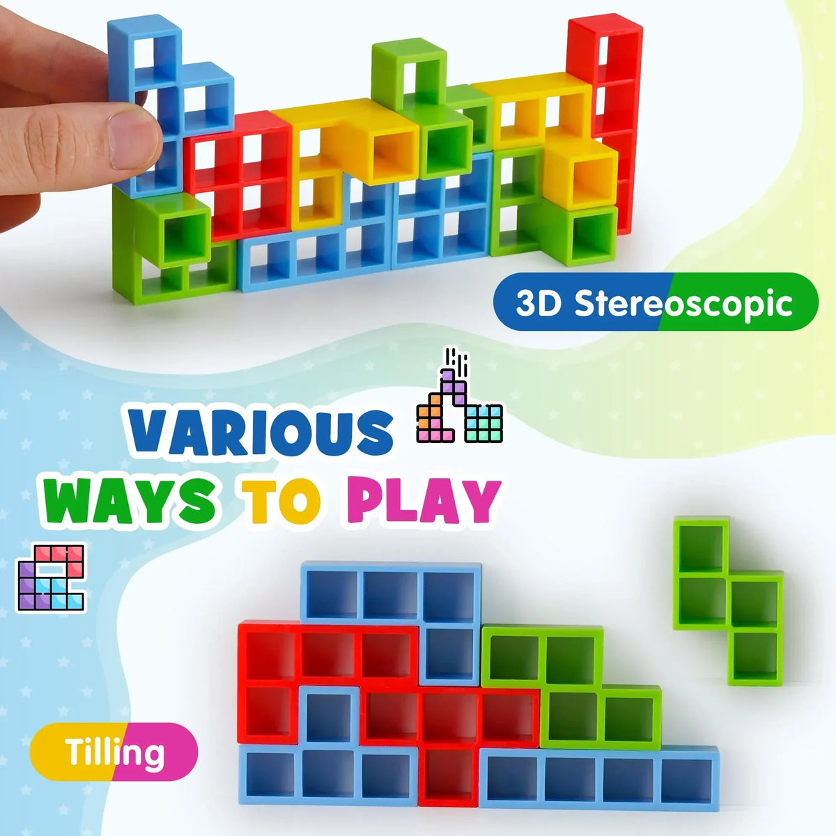 Colorful 3D stereoscopic stacking blocks in various colors like red, blue, and green for a game