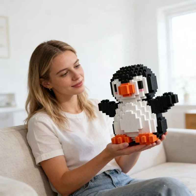 A woman holds a black and white penguin mini building block set for desk display.