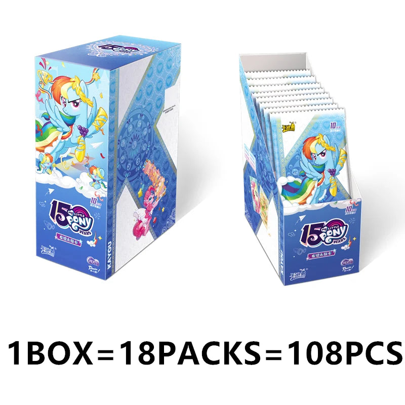 A box of My Little Pony Friendship Cards featuring a themed pouch, showing 18 packs containing 10 cards each.