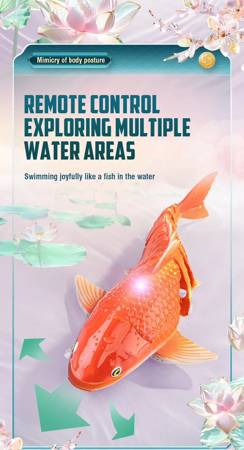 An orange remote control swimming shark toy is shown swimming joyfully in water.