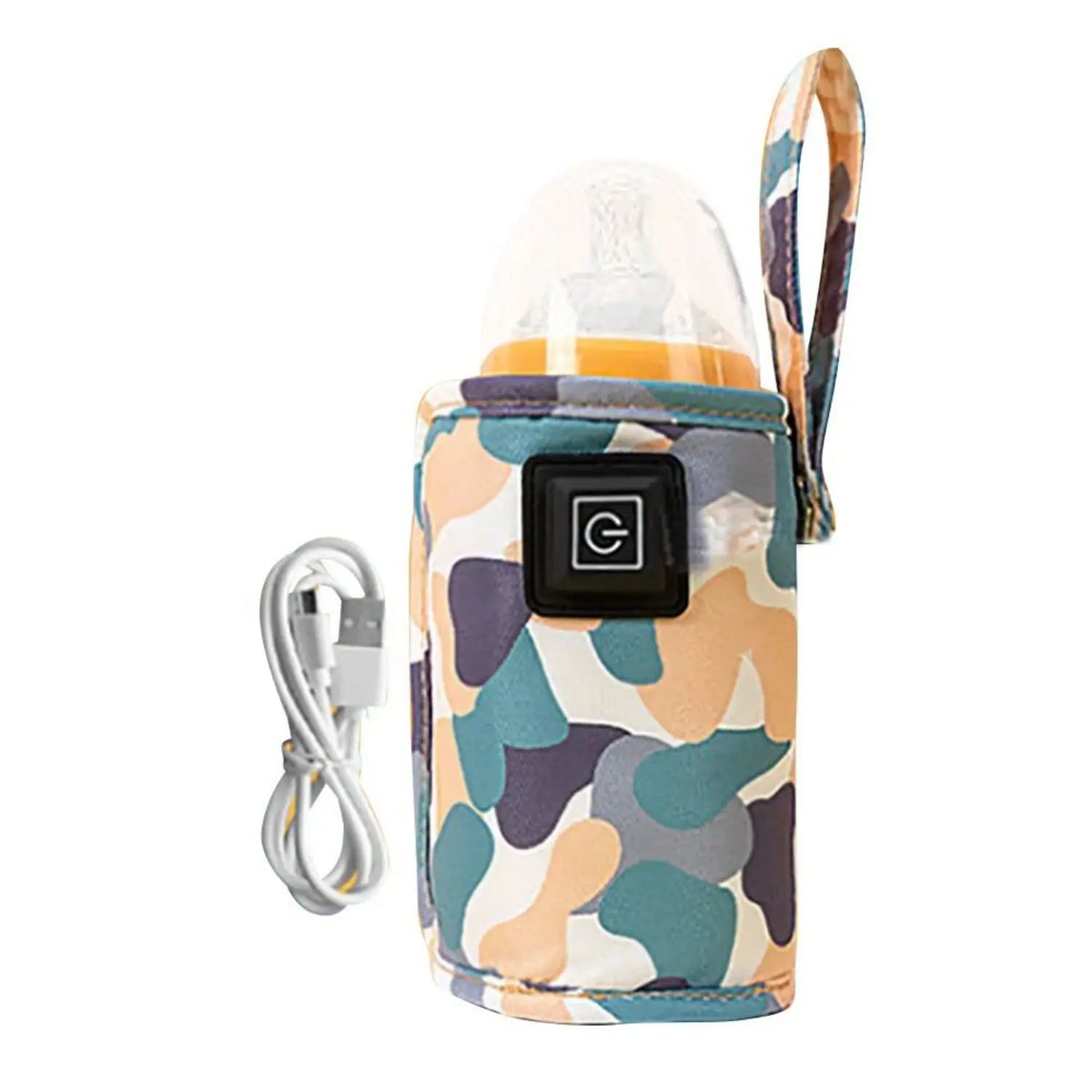 A portable baby bottle warmer featuring a silicone insulated travel bag and a glass bottle component.