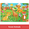 A colorful wooden tangram puzzle set featuring various forest animals like a lion, giraffe, monkey, and panda.