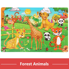 A colorful wooden tangram puzzle set featuring various forest animals like a lion, giraffe, monkey, and panda.
