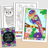 A set of color by number coloring pages featuring a cat, leaves, and a bird, designed for adults.