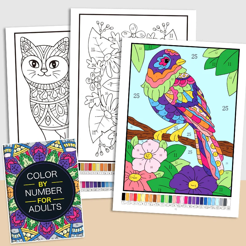 A set of color by number coloring pages featuring a cat, leaves, and a bird, designed for adults.