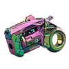 A metallic, gun-shaped fidget slider with a vibrant purple and green iridescent finish.