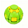 A bright green, burger-shaped stress relief toy with yellow accents and a circular top.
