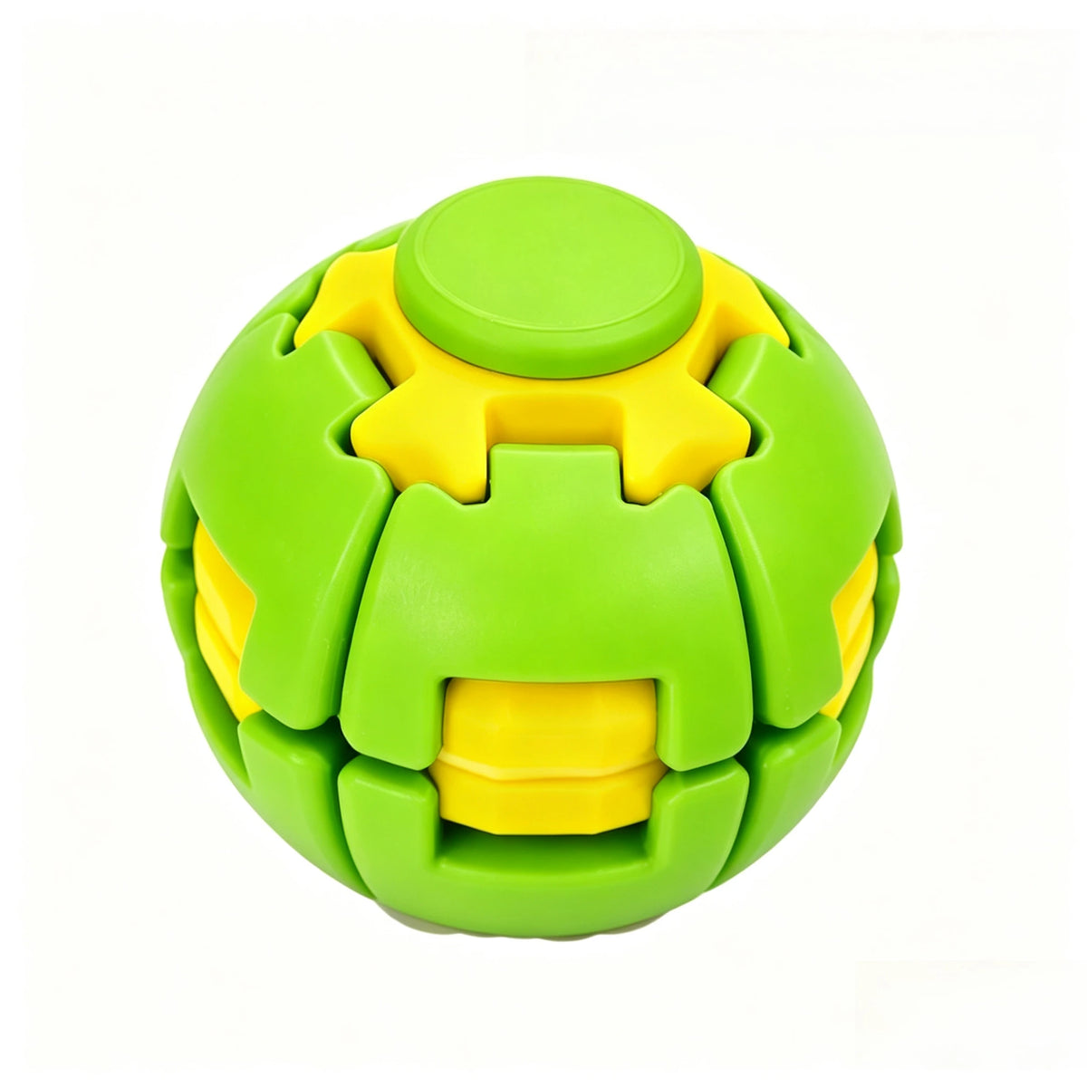 A bright green, burger-shaped stress relief toy with yellow accents and a circular top.