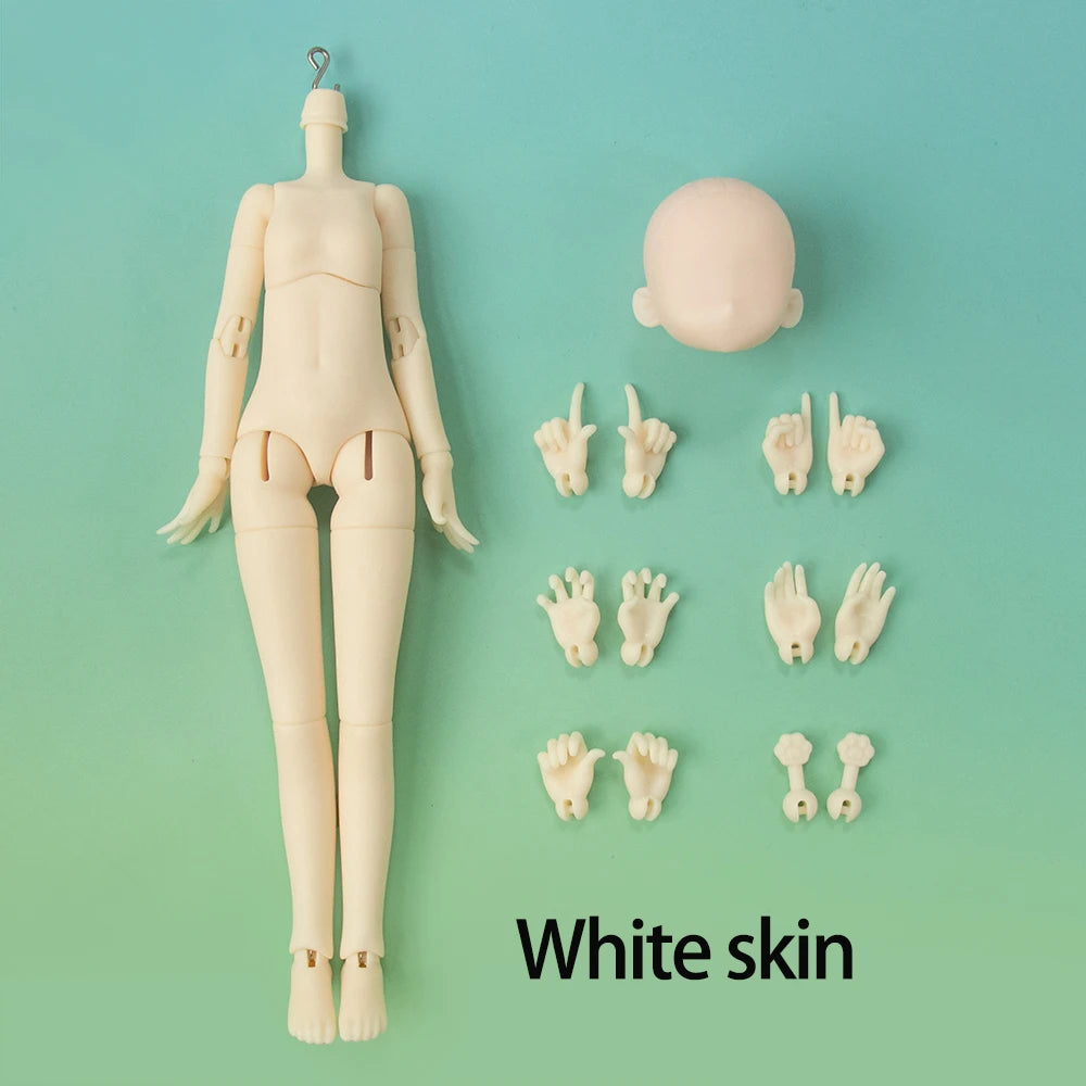 A white skin articulated doll with various hand parts displayed on a light green background.