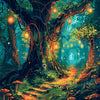 A vibrant fantasy forest scene featuring a large tree trunk, glowing lanterns, and mossy ground with mushrooms.