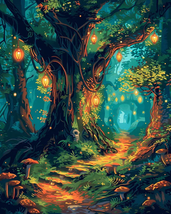 A vibrant fantasy forest scene featuring a large tree trunk, glowing lanterns, and mossy ground with mushrooms.