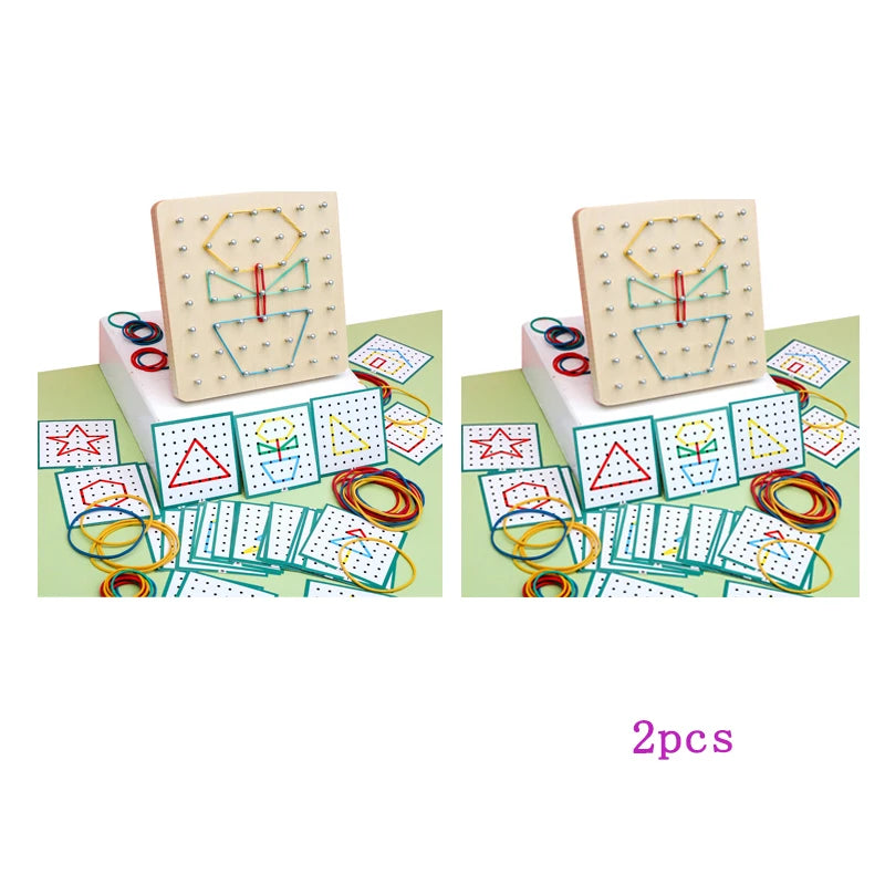 Two wooden geometric shape peg boards with pattern cards and colored string loops for Montessori activities