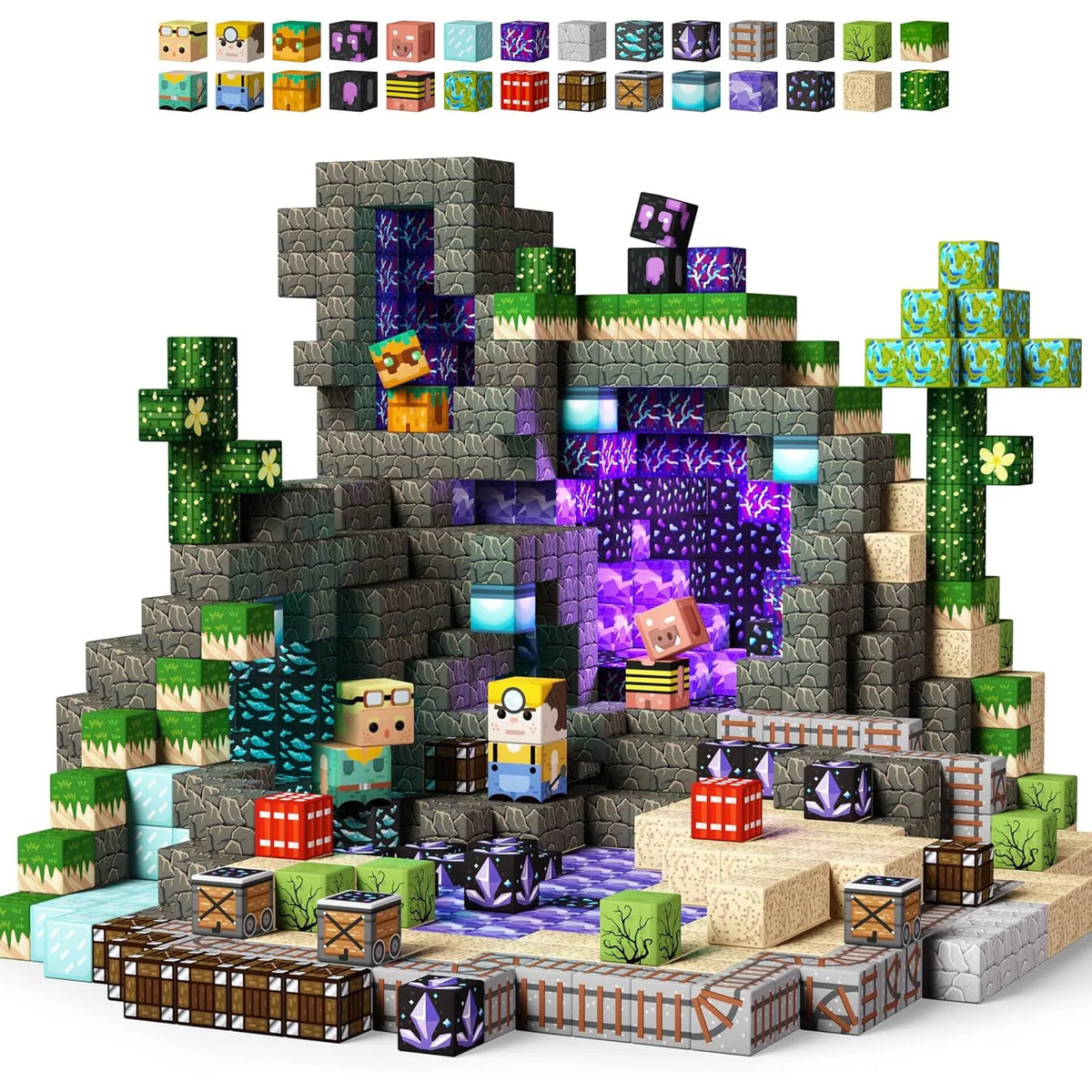 A large set of versatile magnetic building blocks in various colors and shapes, including wooden, plastic, and translucent pi