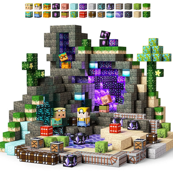 A large set of versatile magnetic building blocks in various colors and shapes, including wooden, plastic, and translucent pi